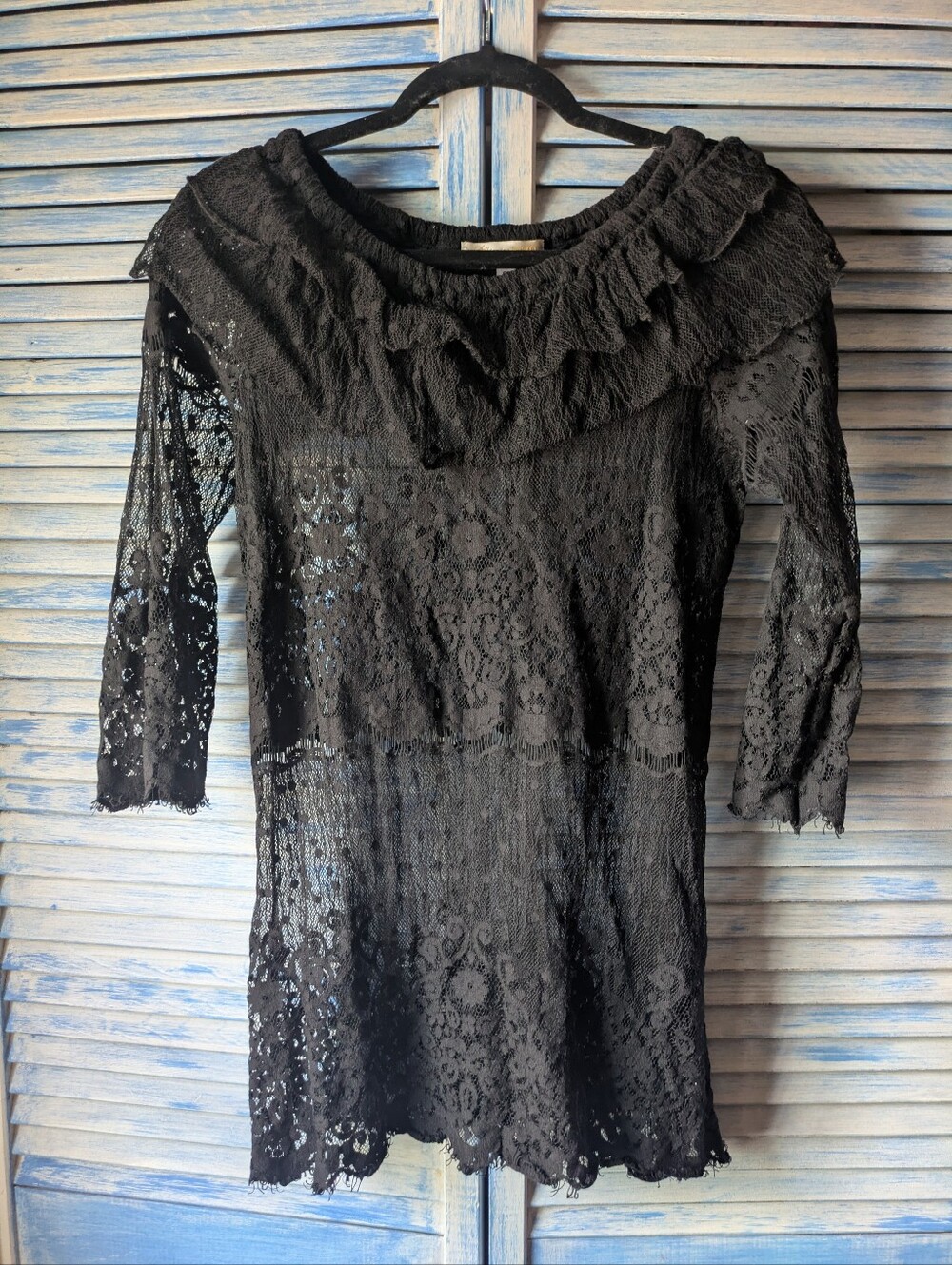 Black Lace Ruffle-Neck Women’s Blouse